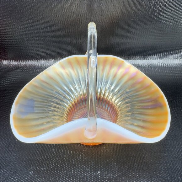 Dugan Caroline Peach Opal Opalescent Carnival Glass Handled Basket Bowl Antique - Picture 16 of 16